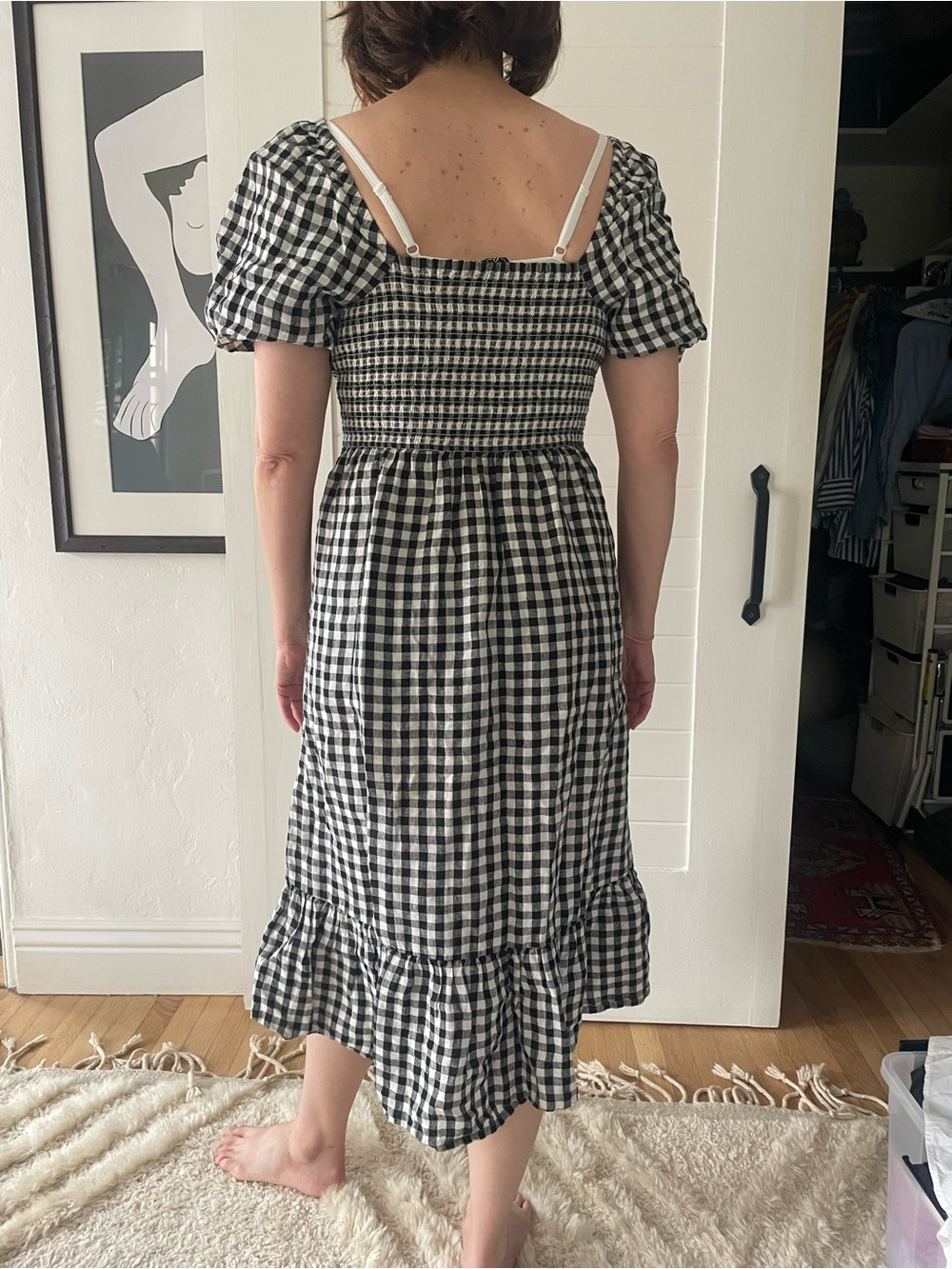J. Crew Black and White Gingham Smocked Midi Dress - Picture 4 of 5